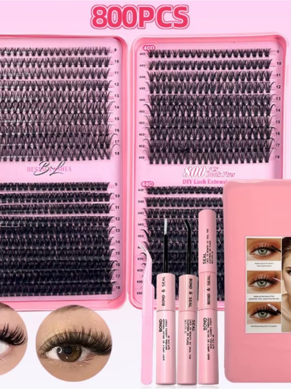 800PCS Pink DIY Individual Lash Extensions Kit - Black Lashes
